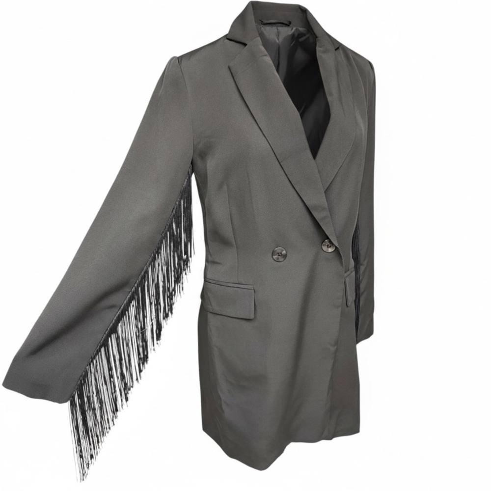 Baevely Elegant Long Sleeve Gray Bkazer with Fringe Detail